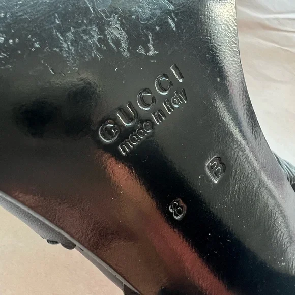 VTG 90s GUCCI slingback sandals sz 8 black leather scalloped edge 4.25in heel - Picture 8 of 16